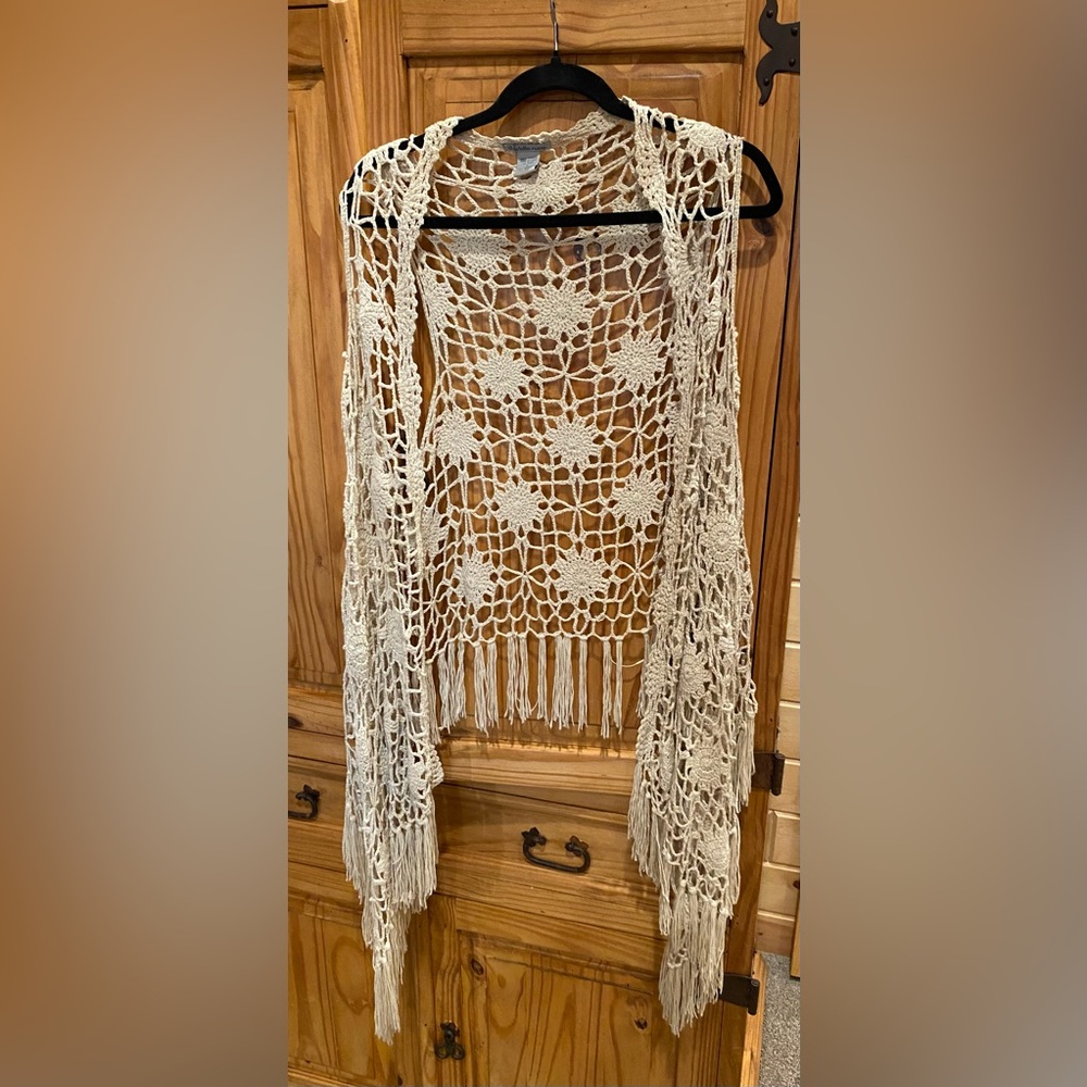 Charlotte Russe crochet cardigan with fringe. Size L.